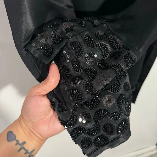 Zara Black Satin Blouse Embellished Jeweled Wide Cuffs Small Elegant Minimalist‎ - Image 10