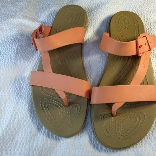 Crocs Tulum Toe Post Thong Womens Sandals Orange/Beige Buckle Strap Size 9 - Image 2