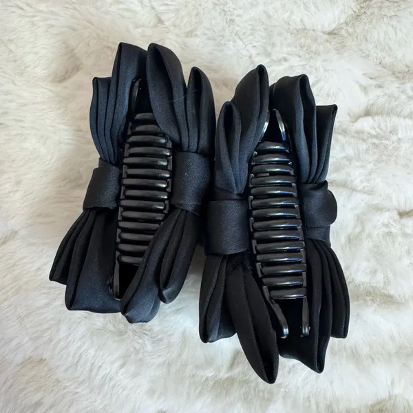 Black Bow Hair Claw Clip 2 Piece Set - Classic Satin Style - Image 2