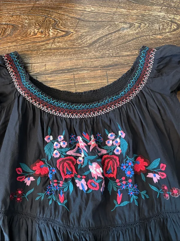 Free People Sunbeam Embroidered Floral Boho Mini Dress‎ Black Medium - Image 4