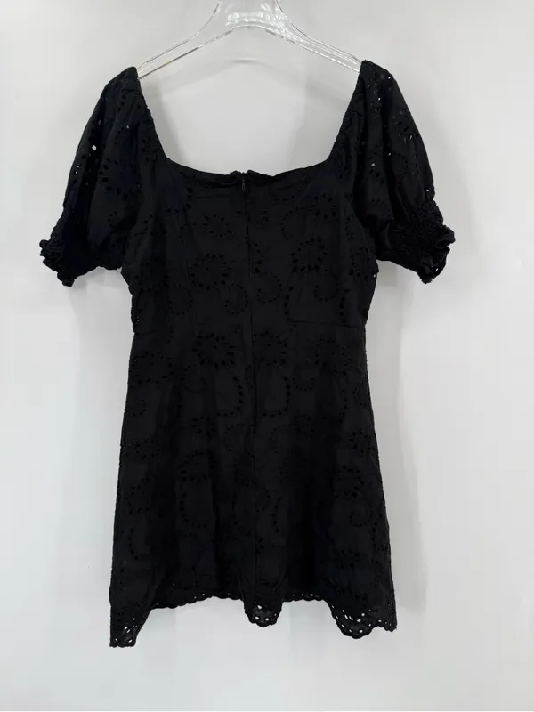 7 For All Mankind Black Puff Sleeve Eyelet Dress 100% Cotton‎ large - Image 2