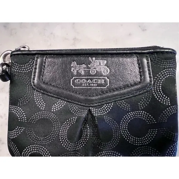 Coach Black‎ Op Art Dotted C Jacquard Wristlet Leather Trim Silver Logo Bag - Image 2