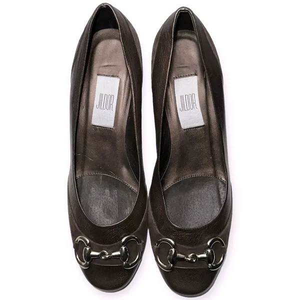 Jildor Women's Size 9 Brown Bronze Leather Suede Gold Horsebit Block Heels - Image 4