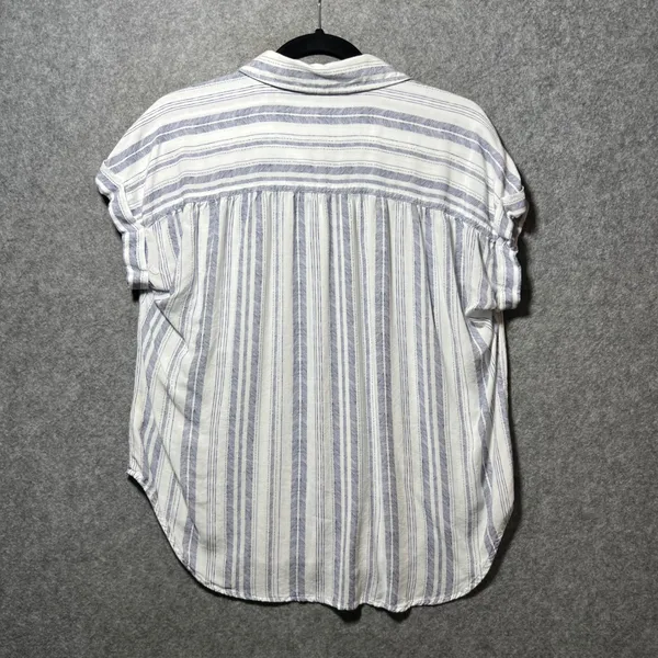 Cloth & Stone Blue White Striped Rayon‎ Button Down Shirt Cuffed Short Sleeve M - Image 7