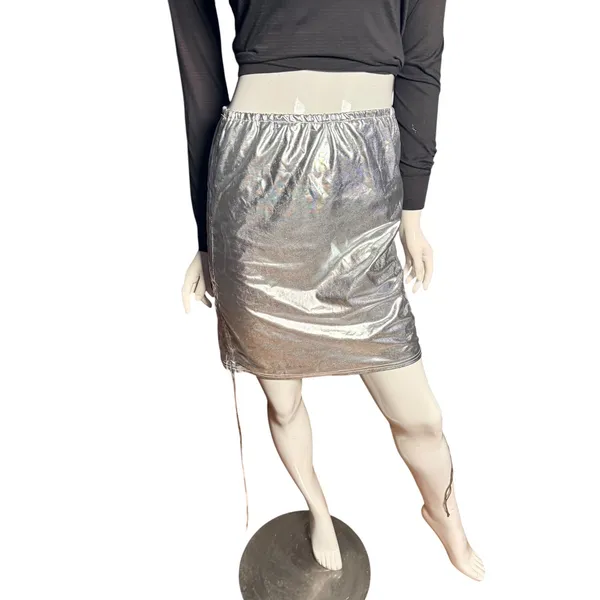 Silver Metallic Ruched Mini Skirt Medium Festival Rave Wear Liquid Shine Bodycon - Image 4