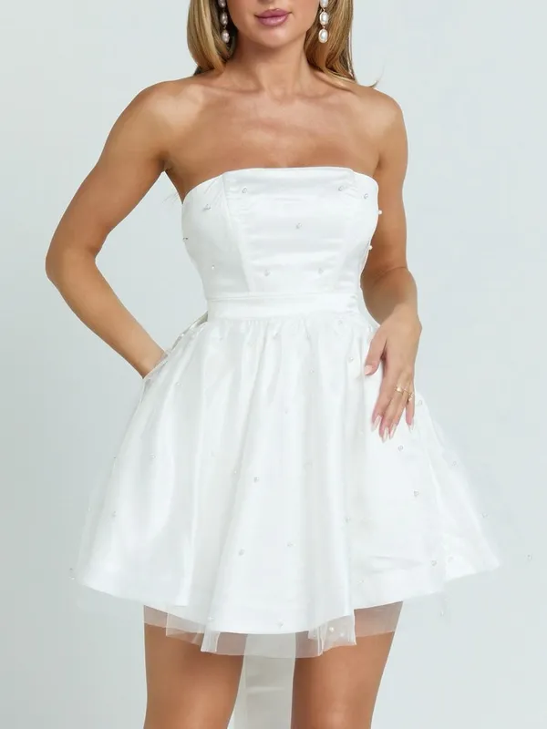 SHOWPO Cailene Strapless Bow Train Fit And Flare Mini Dress In Ivory - Image 7
