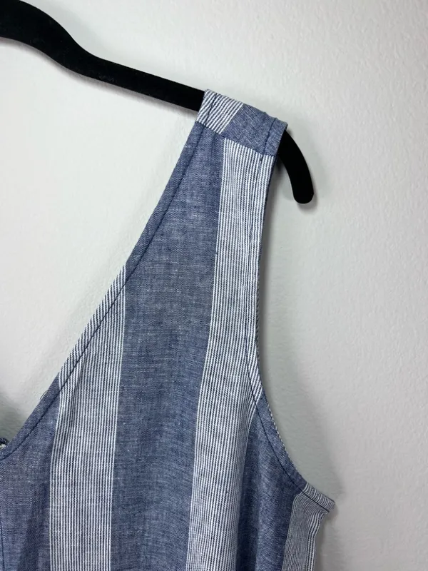 Beach Lunch Lounge Linen Blend Cropped Jumpsuit Blue Stripe Wide Leg Coastal Lg - Image 3