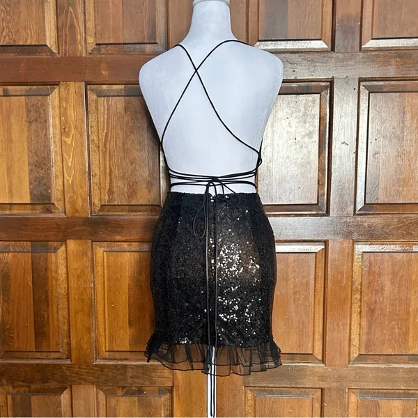 Lucy In The Sky Sequin Ruffle Dress Alma Black Small Mini‎ Bodycon HOCO Party - Image 4