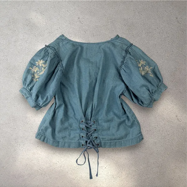 American Eagle Embroidered Denim Puff-Sleeve Top Women's S Boho Prairie Cottage - Image 2