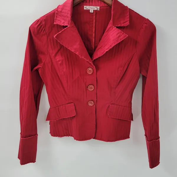 VTG 6 Degrees Y2K Cropped Jacket Juniors M Red Layered Ruffle Back Fitted Button - Image 4