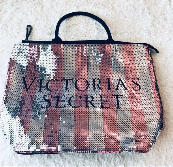 Victoria's Secret Limited Edition Pink & Silver Sequins Stripe Tote Bag Purse - Image 2
