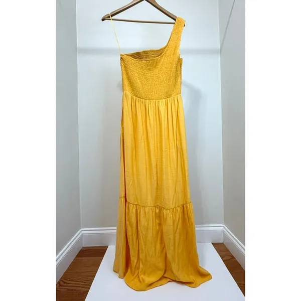 Nine West One‑Shoulder Yellow Smocked Maxi Dress SzL - Image 4