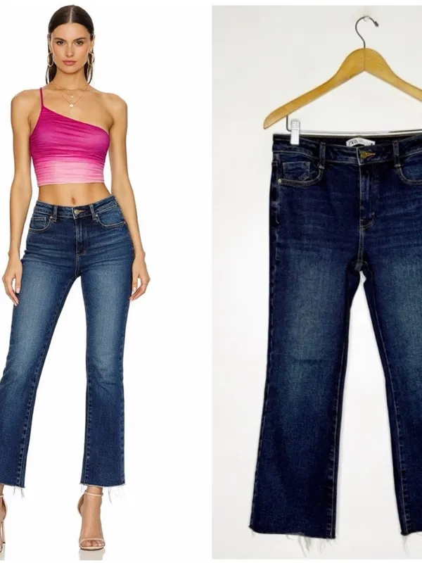 Zara Ankle Slim Flare Straight Leg Jeans Dark Wash Raw Hem Denim Size 4 - Image 2