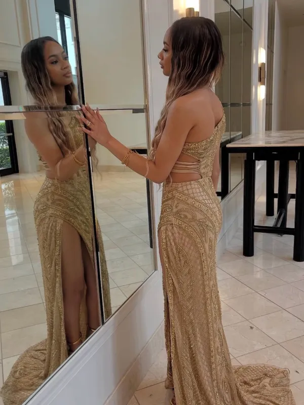 Jovani Gold Embellished one shoulder Evening Maxi Formal Gown with High Slit - Image 11