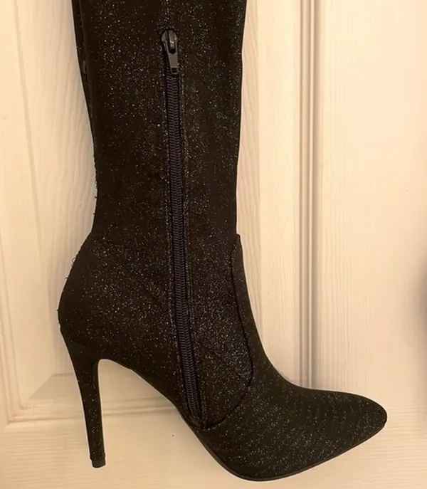 Jacobies Black Shimmer Thigh High Stiletto Boots - Image 6