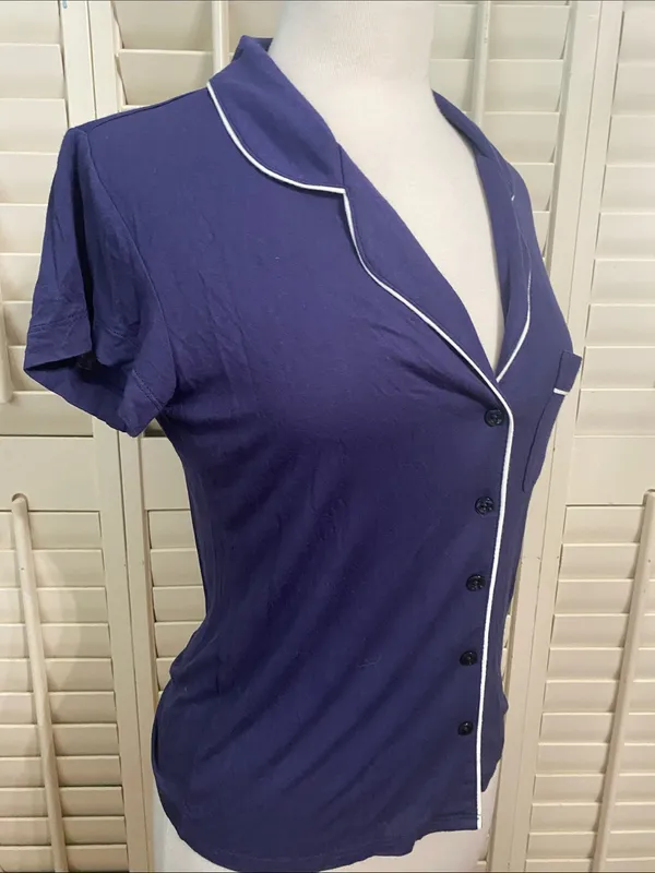 Nordstrom Navy Short Sleeve Pajama Top with White Piping - Image 3