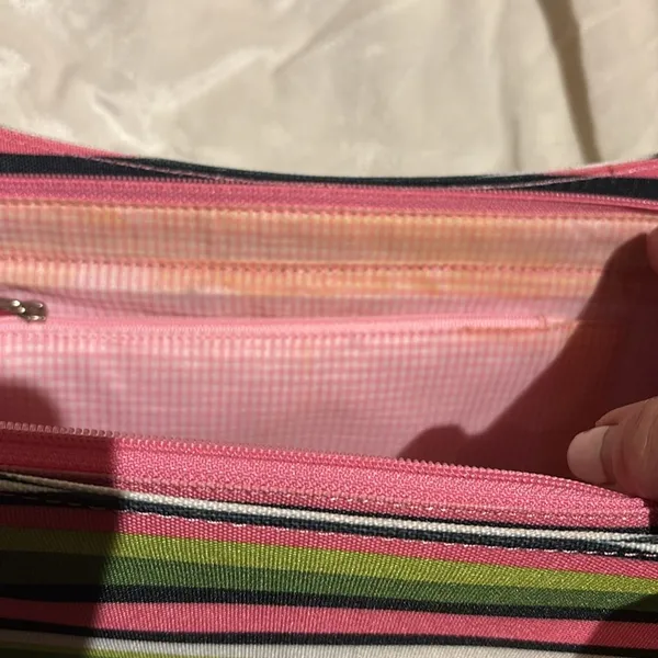 Source Unknown STRIPED MULTICOLORED SHOULDER BAG PINK GREEN BLUE CANVAS LIKE BAG THIN HANDLES - Image 7