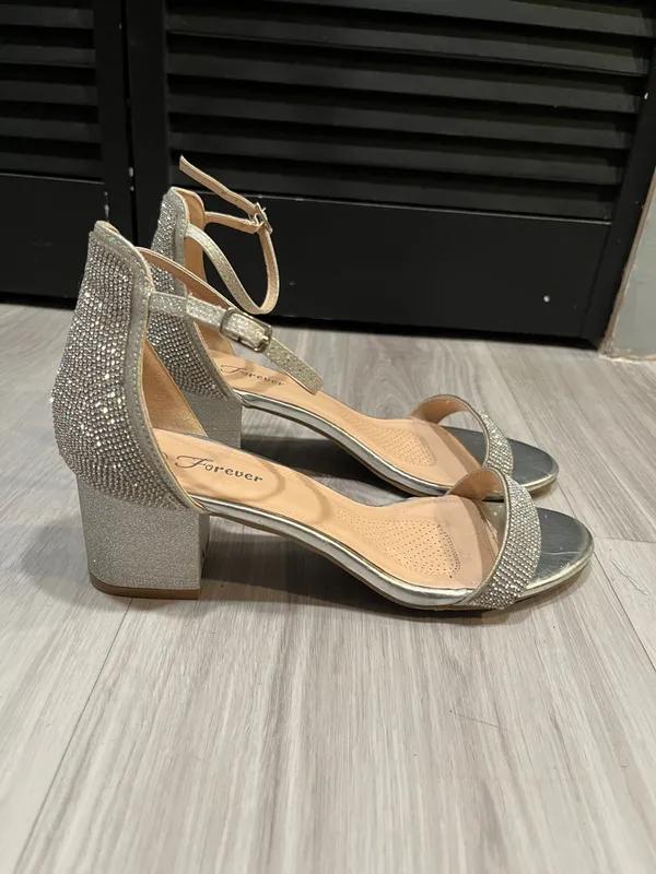 Forever 21 Silver open Toe Rhinestone‎ Ankle
Strap Buckle Low Chunky Heels - Image 8