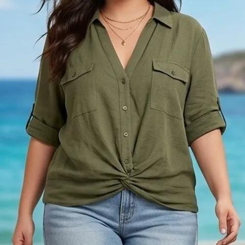 INC International‎ Concepts XXL Olive Green Twist Front Roll Tab Utility Shirt - Image 2