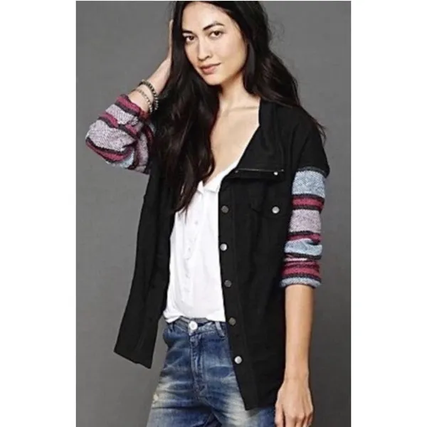 Free People Jacket Baja Black Stripe Sleeve Tweed We The Free Size Small Women - Image 2