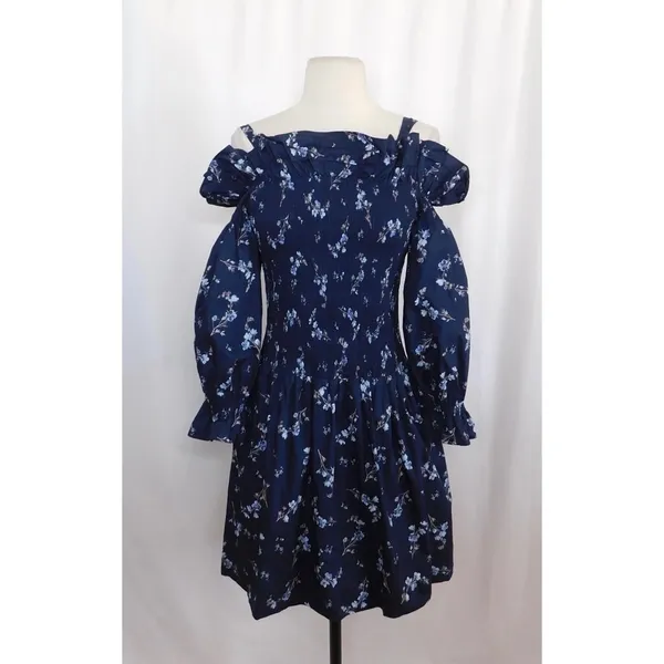 Revolve‎ REBECCA TAYLOR Francine Off Shoulder Dress Floral Smocked Navy Blue 0 - Image 2