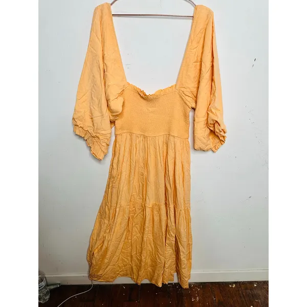 LOUNA Orange Square Neckline Puff Sleeves Chic Flowy Midi Dress size Medium - Image 3