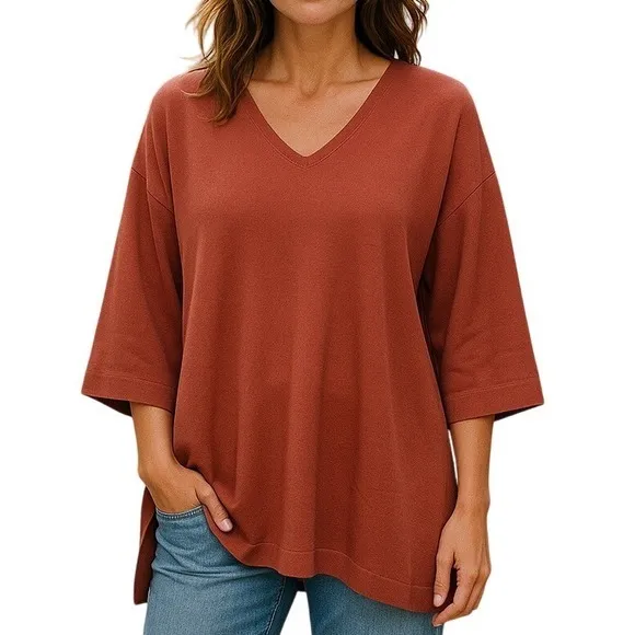 P Cill V-Neck Tunic Sweater Womens Large Rust‎ High-Low PT10463 Oversized Boho - Image 9