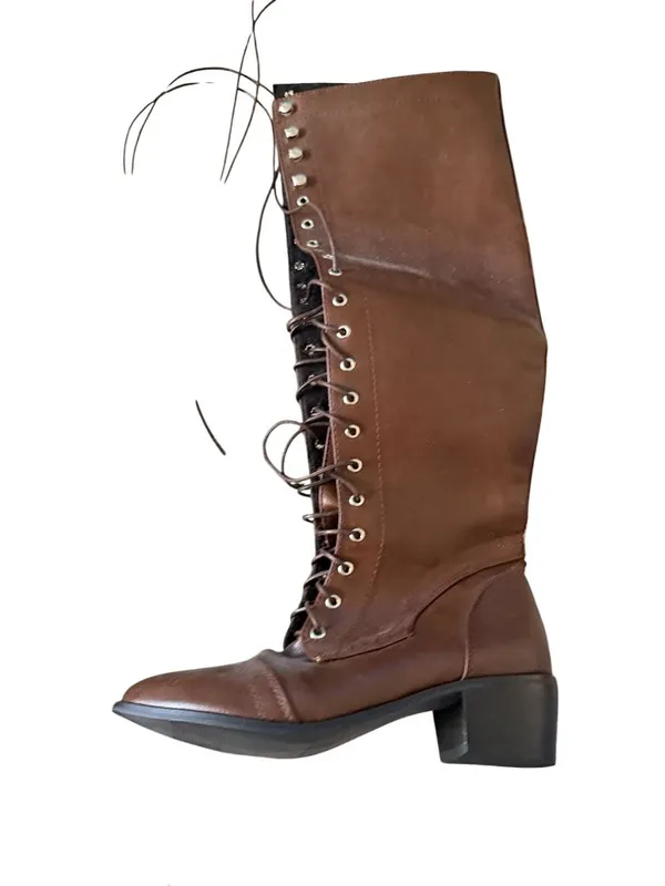 BROWN Laceup Librarian Boots Booties Size 37 / 7 - Image 5