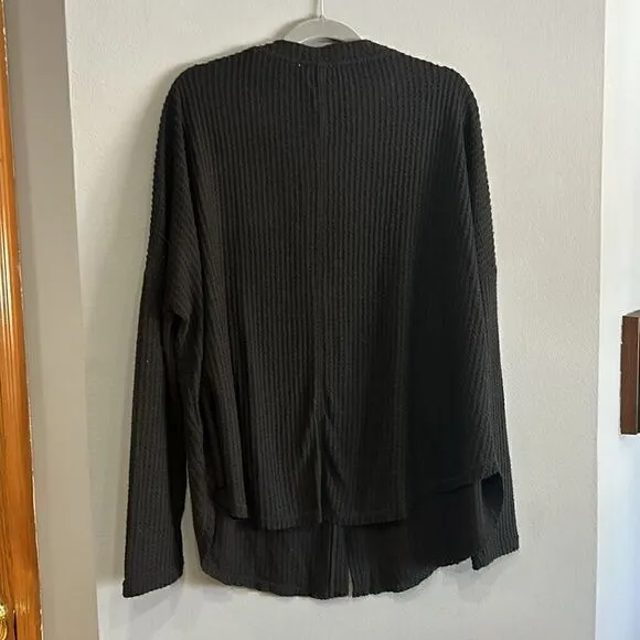 Umgee Black‎ Waffle Knit Cardigan Button Front Oversized V-Neck Sweater M - Image 2