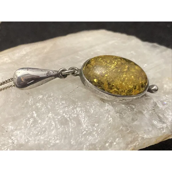 Vintage Oval‎ Green Baltic Amber Sterling Silver 925 Pendant 18'' Necklace 4.5g - Image 3