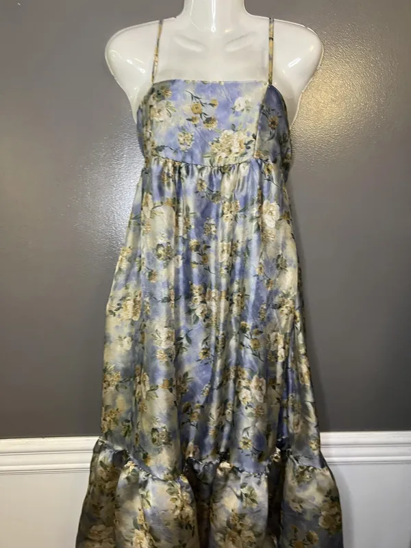 Wild Fable Dress Womens Small Blue Floral Satin Maxi Sundress Ruffle Hem - Image 2