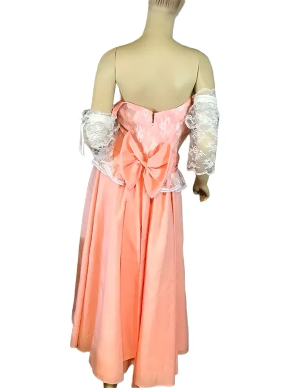 Vintage Mid To Late 70'S Peach Off-The-Shoulder Lacey Party Dress (M) - Image 2