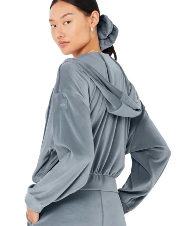 Alo Yoga Velour Glimmer Full Zip Hoodie Steel Blue - Image 10