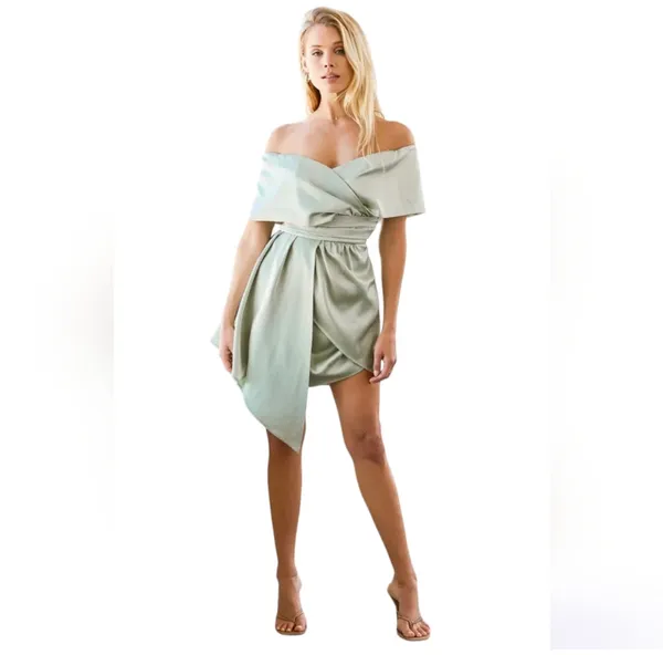 Lulus Always Celebrating Sage Green Off Shoulder Mini Dress - Image 2