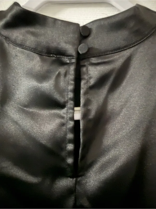 Black Satin Peplum Blouse Mock Neck Keyhole Puff Sleeve Top Office L InTempo - Image 5