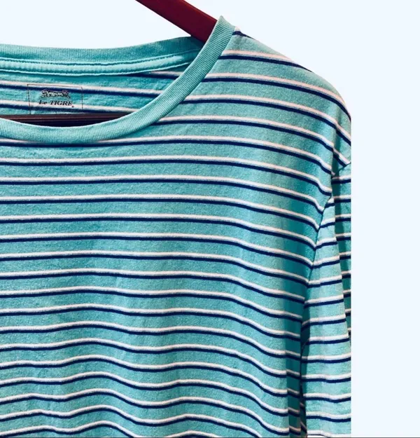 Retro 80s Le Tigre Striped Tshirt Aqua Blue White XL - Image 2