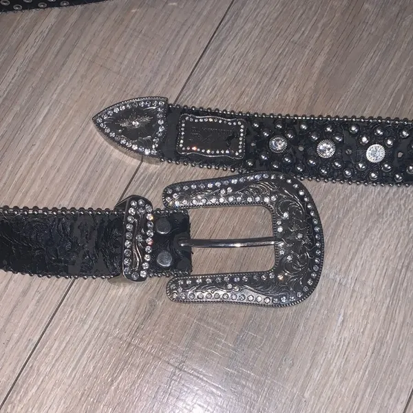 Mountain West Rhinestone Black Leather Belt Womens Studded Western - Image 10