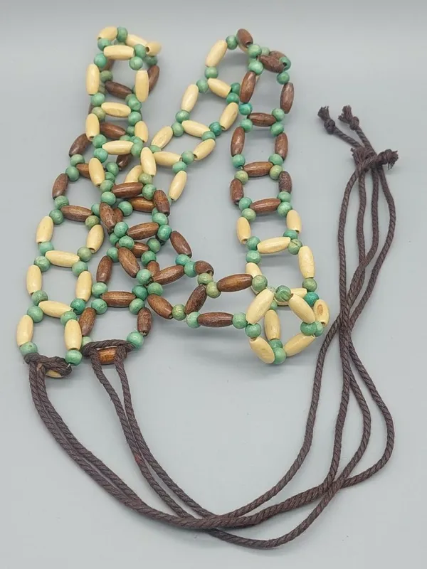Boho Wood Beaded Tie Belt Green Brown Cream Adjustable Hippie Festival - Image 7