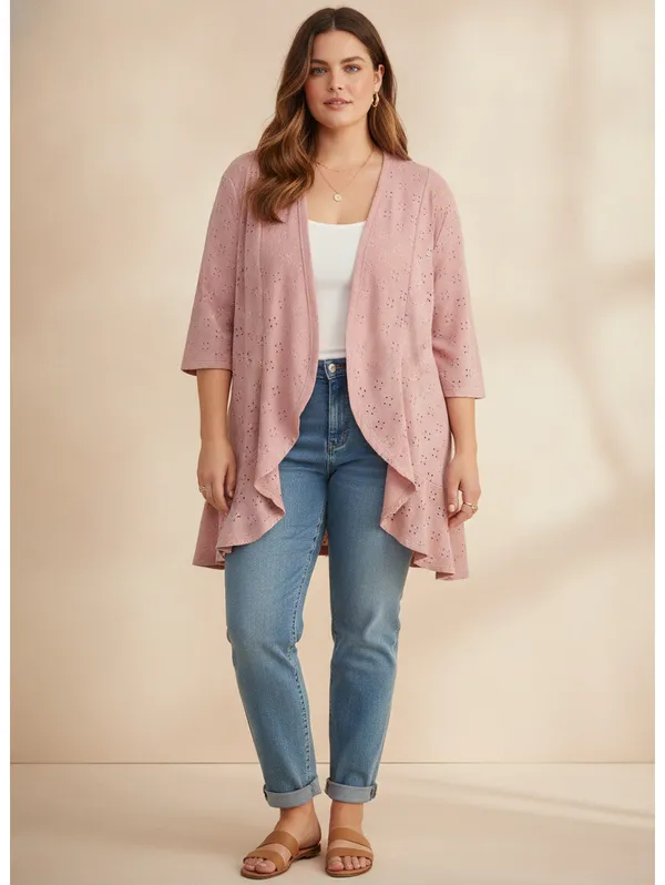 Pink Eyelet Knit Open Front Cardigan Size 2XL - Image 6