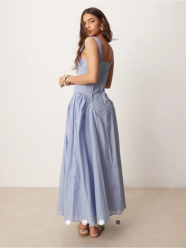 Square Neck Basque Waist Prarie Powder Blue Sleeveless Maxi sun Dress - Image 5