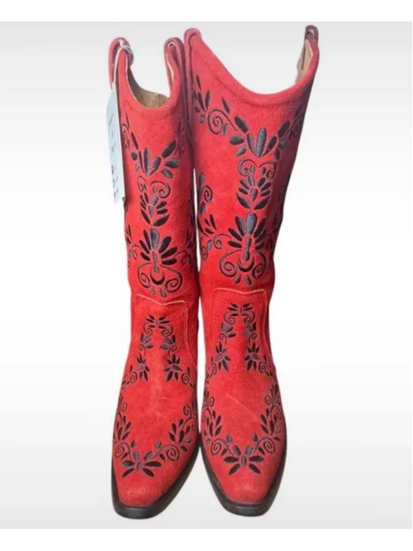 RARE Agave Sky Red Suede Embroidered Floral Western Cowgirl Boots Sz 6 Charro! - Image 6