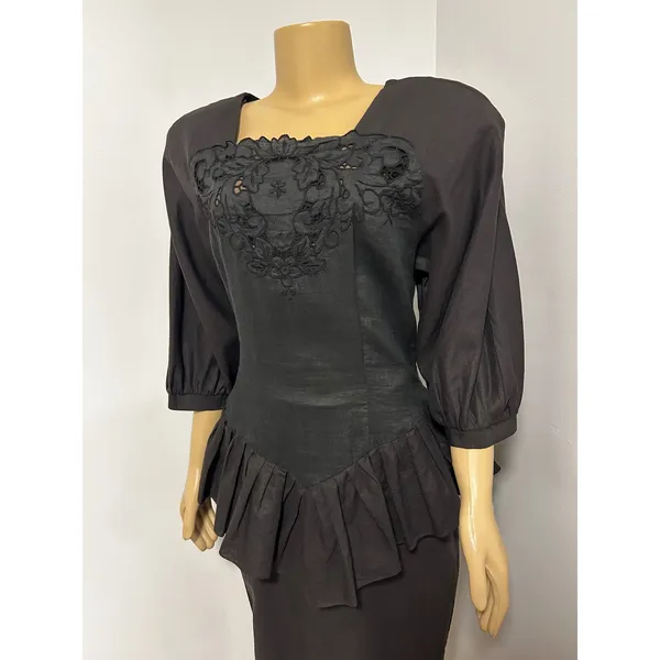 Vintage Moonglow Black Ramie Cotton Peplum Dress Floral Eyelet Embroidered L - Image 2
