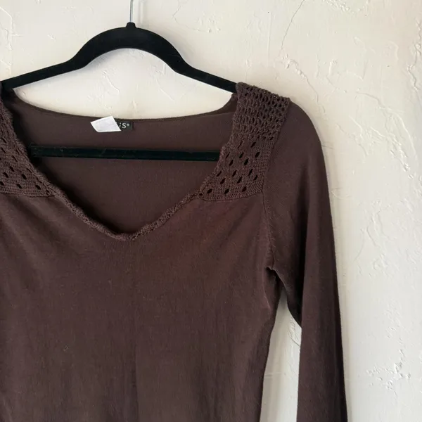 Venus Sweater Y2k‎ Small Brown Crochet Trim Long Sleeve Pullover Fairy Top - Image 2