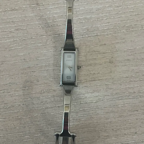 Gucci Silver and Gold Rectangular Watch with Metal Link Band - Image 2