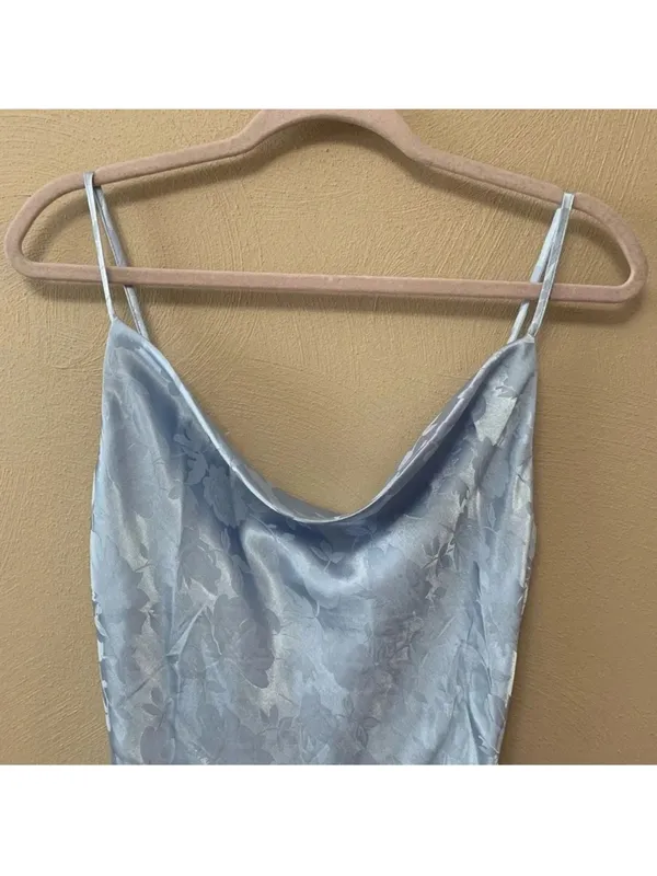 Lulus Close to Your Heart Dusty Blue Satin Jacquard Cowi Slip Dress Size L - Image 5