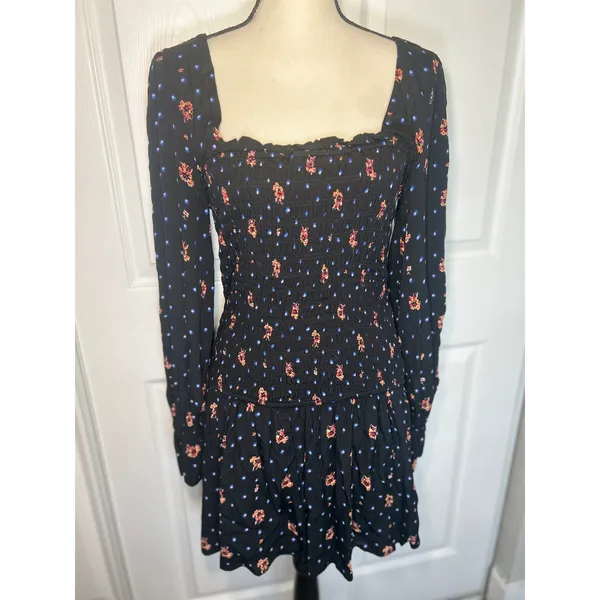Free People Smocked Mini Dress M‎ Black Floral Square Neck Boho Long Sleeve - Image 2