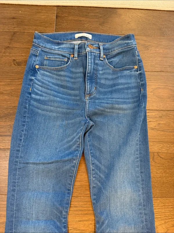LOFT High Waist Flare Crop Jeans Size 26 2 Raw Hem Back Slit Denim - C61-139 - Image 2