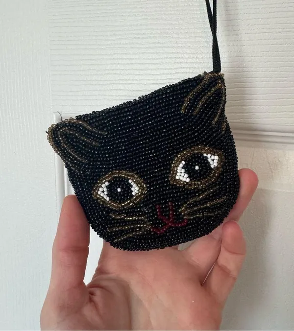 Vintage Art Deco handmade beaded black cat coin purse AS IS - Image 2