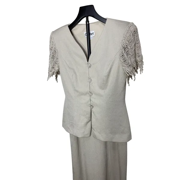 Cachet Womens 8 Champagne Metallic Skirt Suit Set Lace Fringe Rhinestone Formal - Image 2