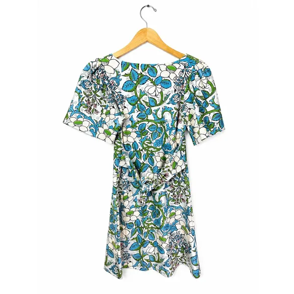 Smith & Quinn XS Blue Floral Mini Dress Puff Sleeve Square Neck Fit & Flare - Image 3